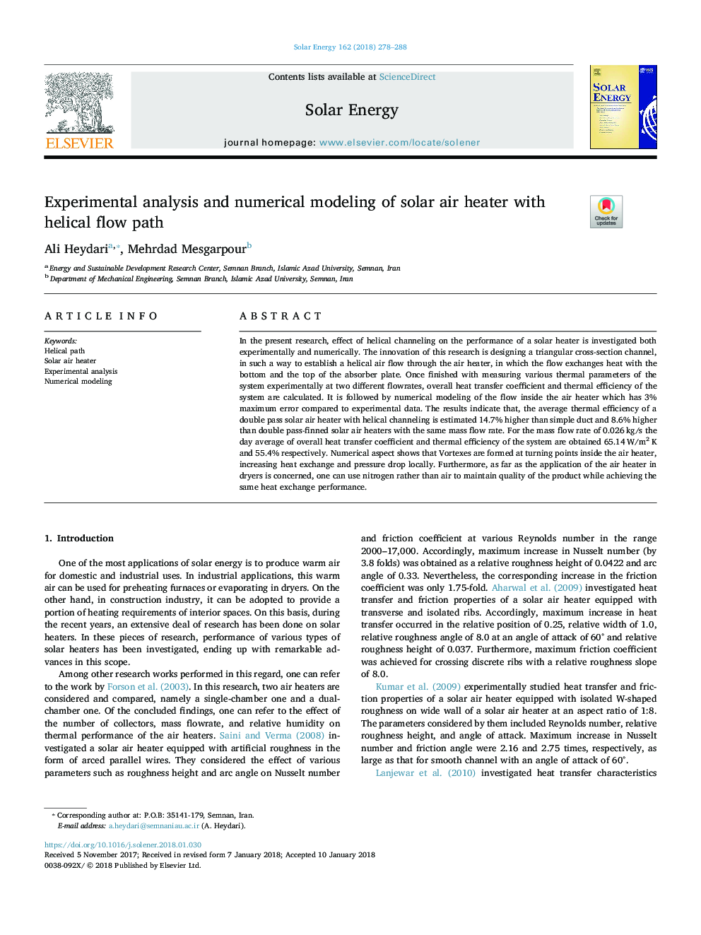 Experimental analysis and numerical modeling of solar air heater with helical flow path