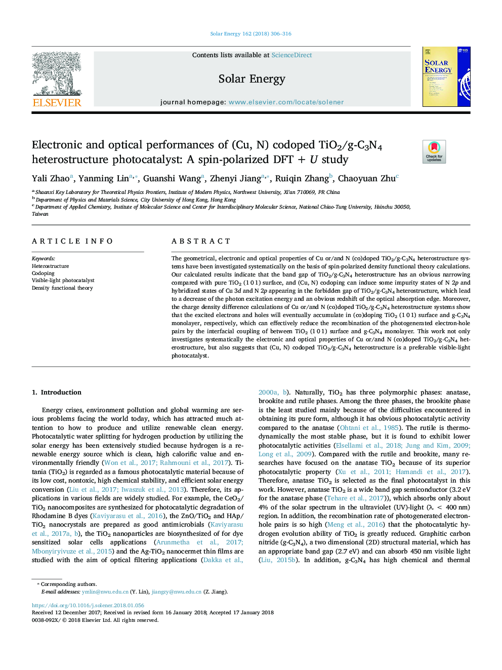 Electronic and optical performances of (Cu, N) codoped TiO2/g-C3N4 heterostructure photocatalyst: A spin-polarized DFTâ¯+â¯U study