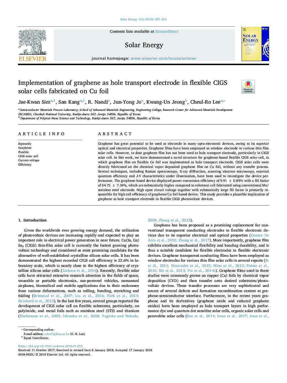 Implementation of graphene as hole transport electrode in flexible CIGS solar cells fabricated on Cu foil