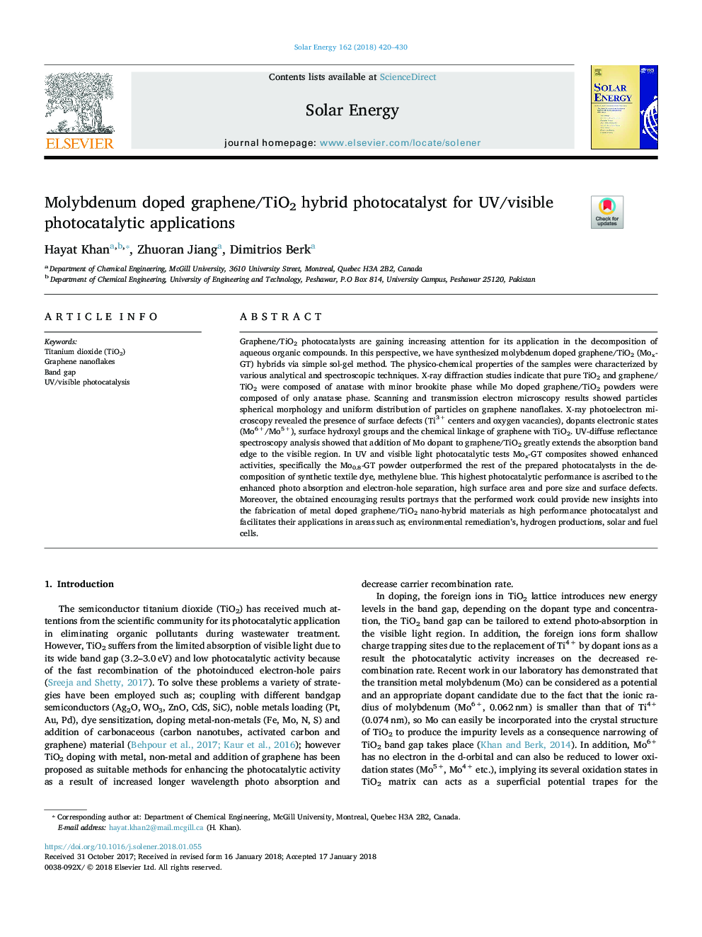 Molybdenum doped graphene/TiO2 hybrid photocatalyst for UV/visible photocatalytic applications