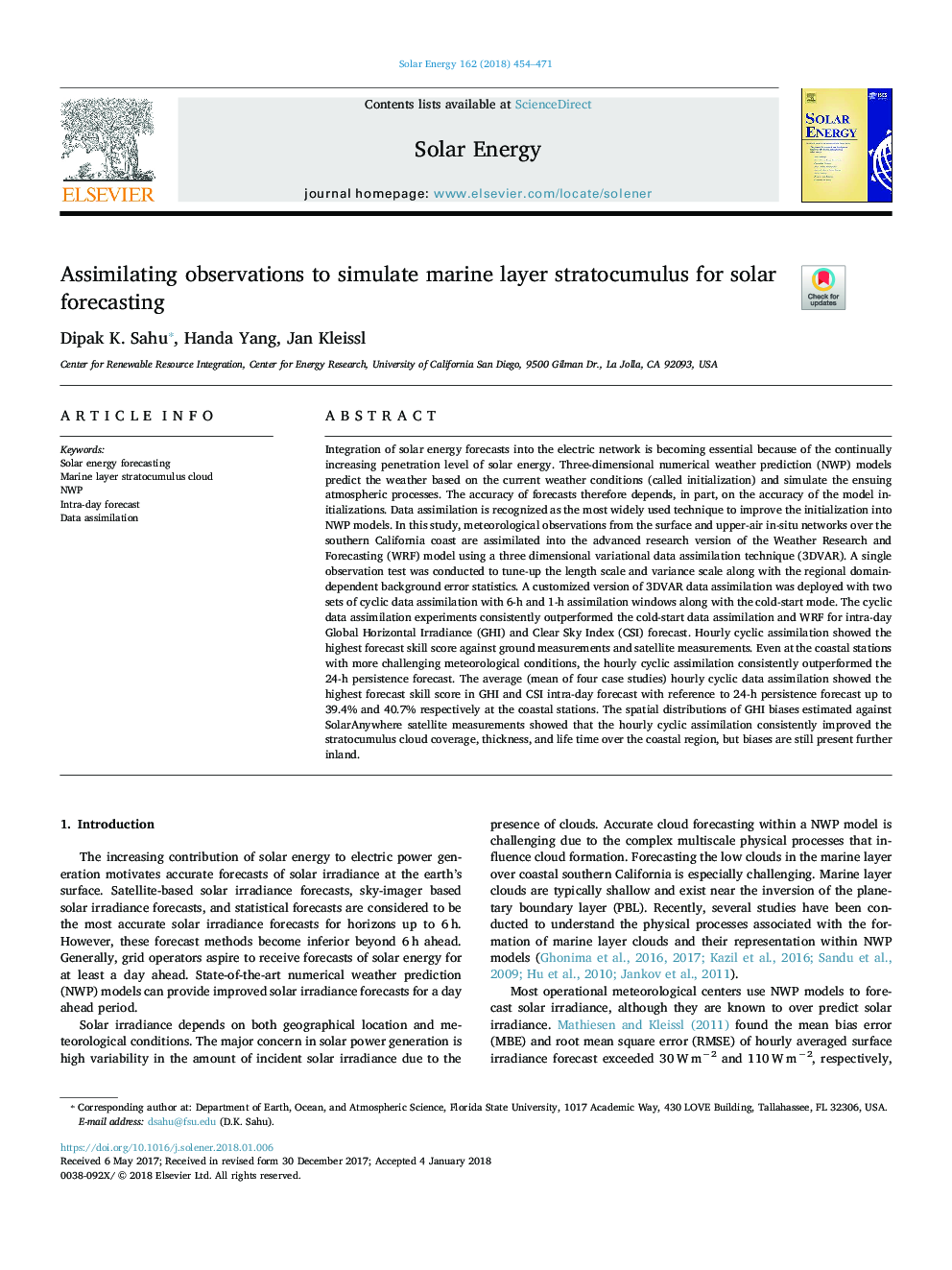 Assimilating observations to simulate marine layer stratocumulus for solar forecasting