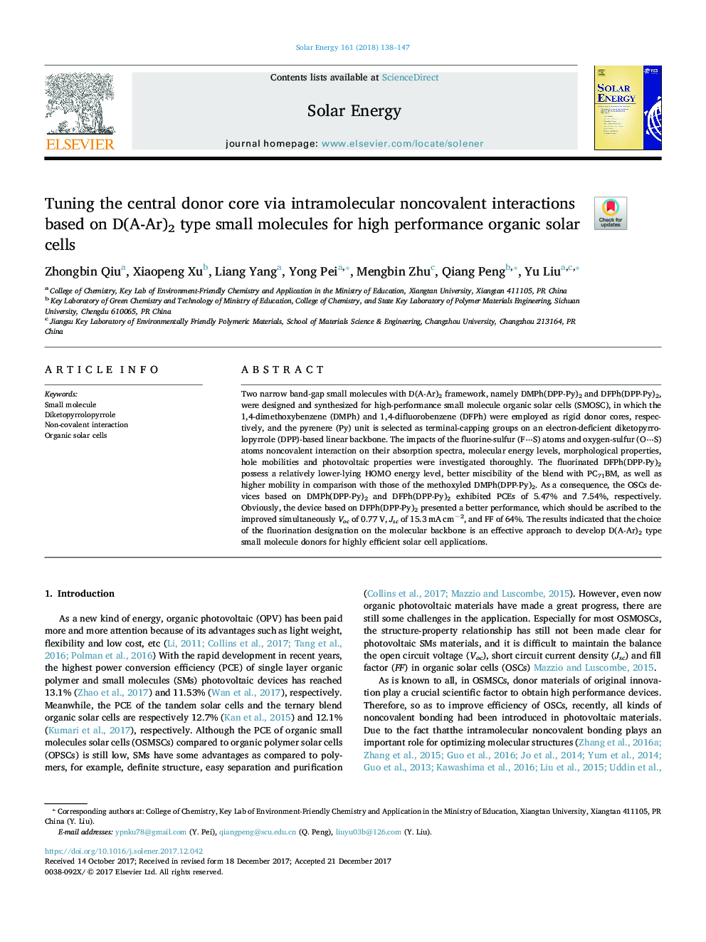 Tuning the central donor core via intramolecular noncovalent interactions based on D(A-Ar)2 type small molecules for high performance organic solar cells