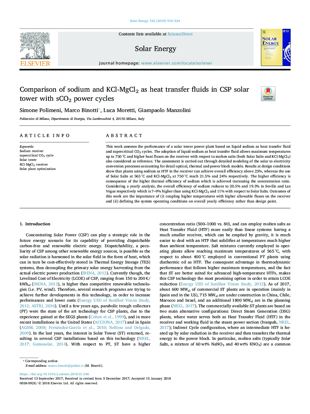 Comparison of sodium and KCl-MgCl2 as heat transfer fluids in CSP solar tower with sCO2 power cycles