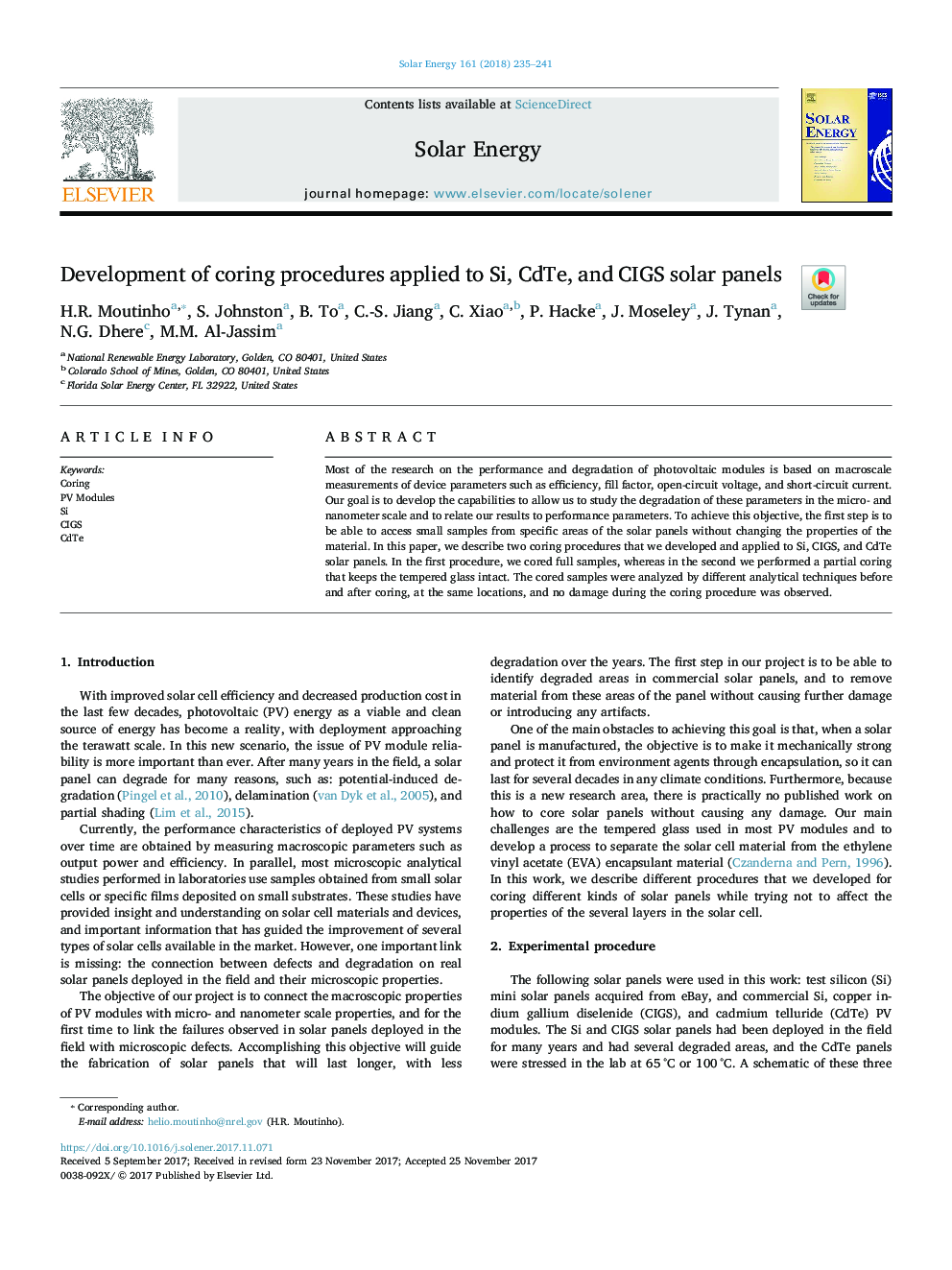 Development of coring procedures applied to Si, CdTe, and CIGS solar panels