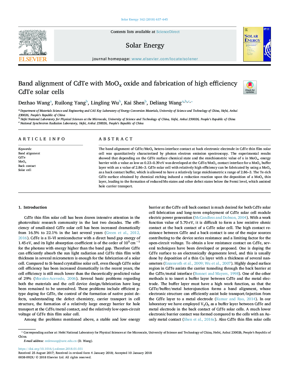 Band alignment of CdTe with MoOx oxide and fabrication of high efficiency CdTe solar cells