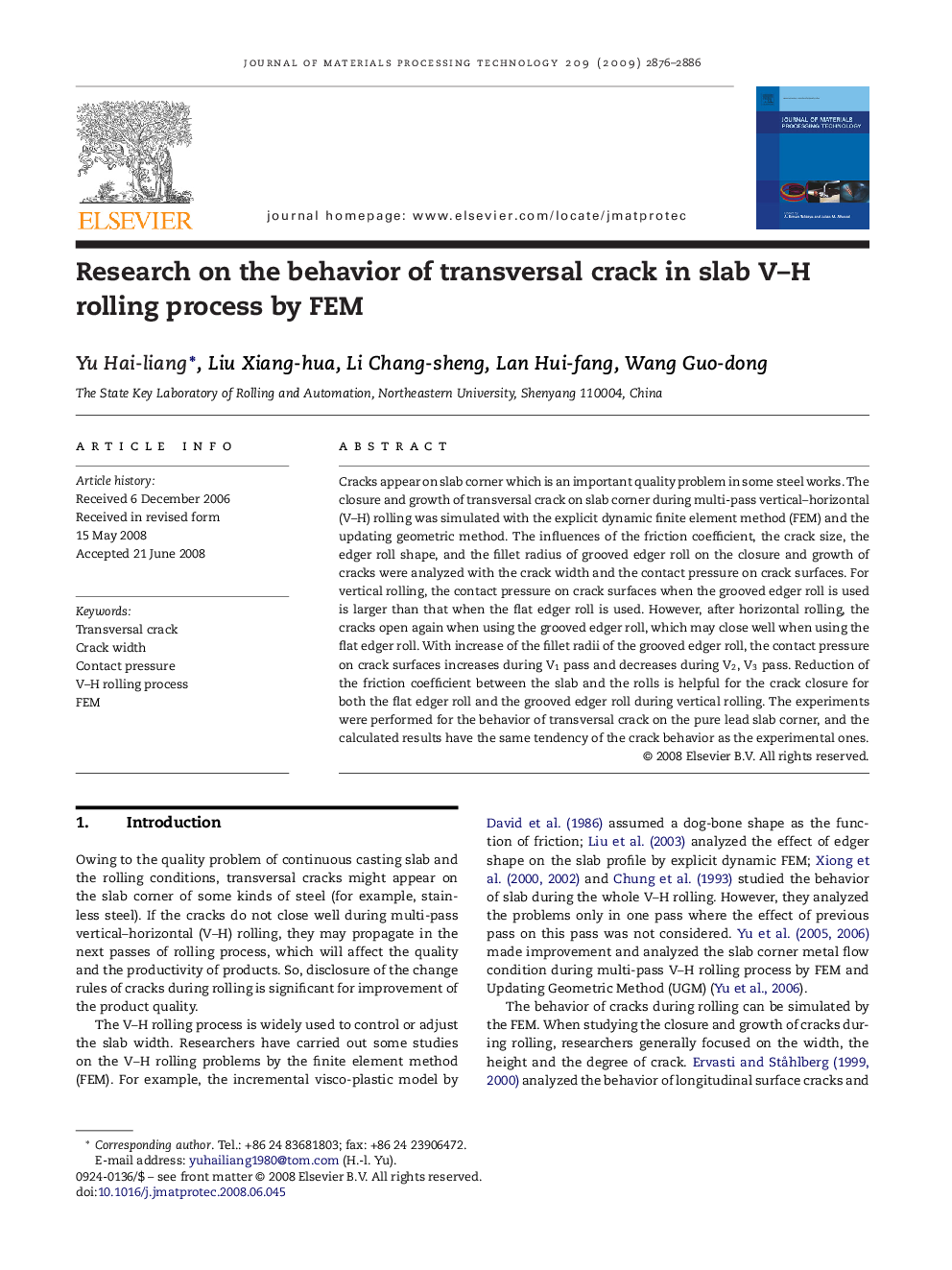 Research on the behavior of transversal crack in slab V–H rolling process by FEM