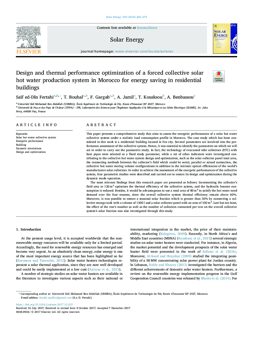 Design and thermal performance optimization of a forced collective solar hot water production system in Morocco for energy saving in residential buildings