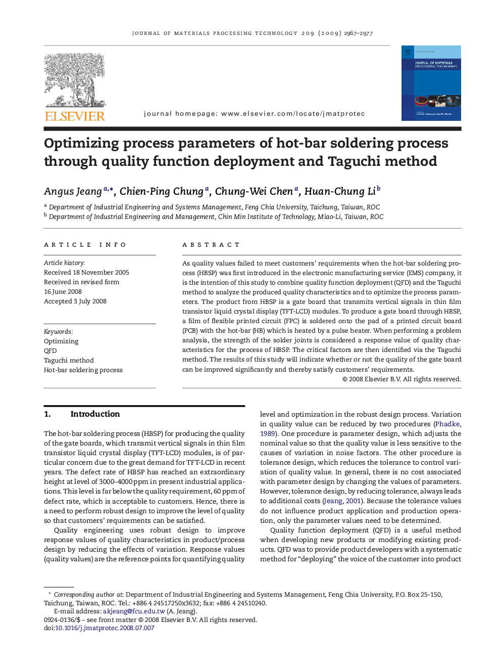 Optimizing process parameters of hot-bar soldering process through quality function deployment and Taguchi method