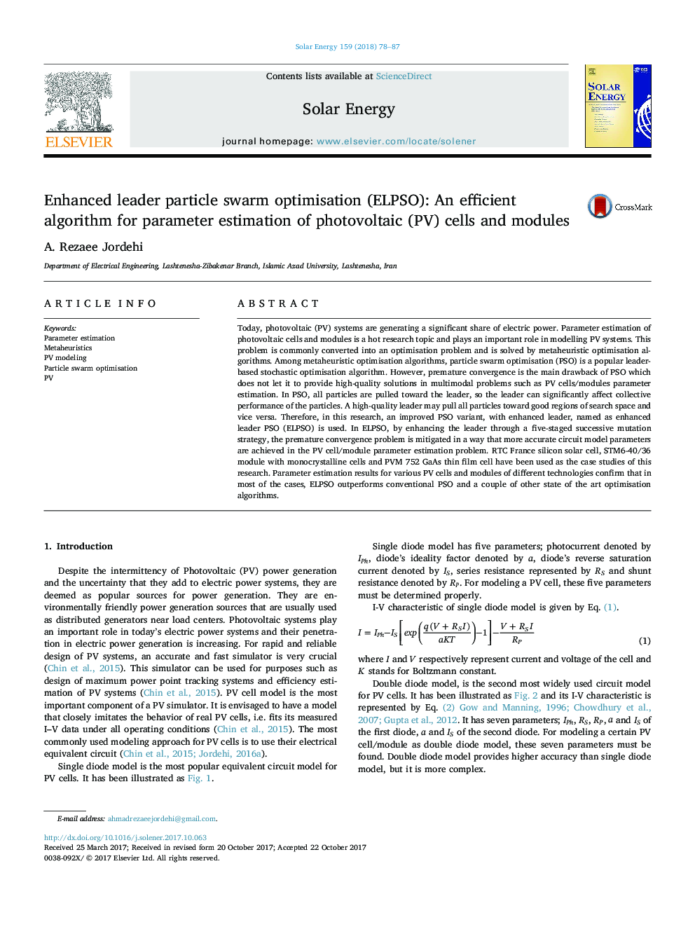 Enhanced leader particle swarm optimisation (ELPSO): An efficient algorithm for parameter estimation of photovoltaic (PV) cells and modules