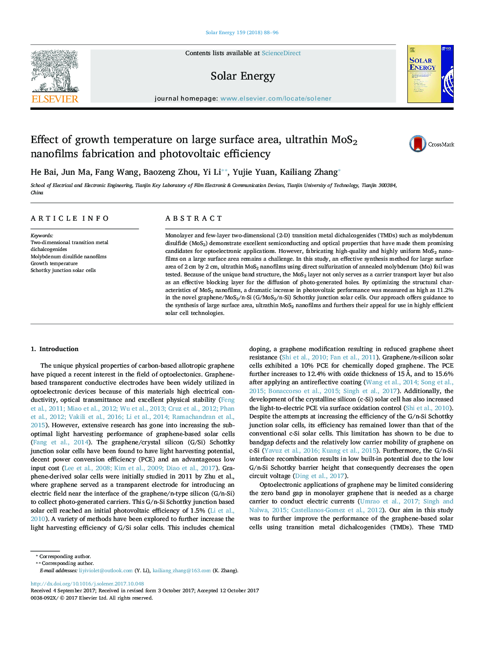 Effect of growth temperature on large surface area, ultrathin MoS2 nanofilms fabrication and photovoltaic efficiency