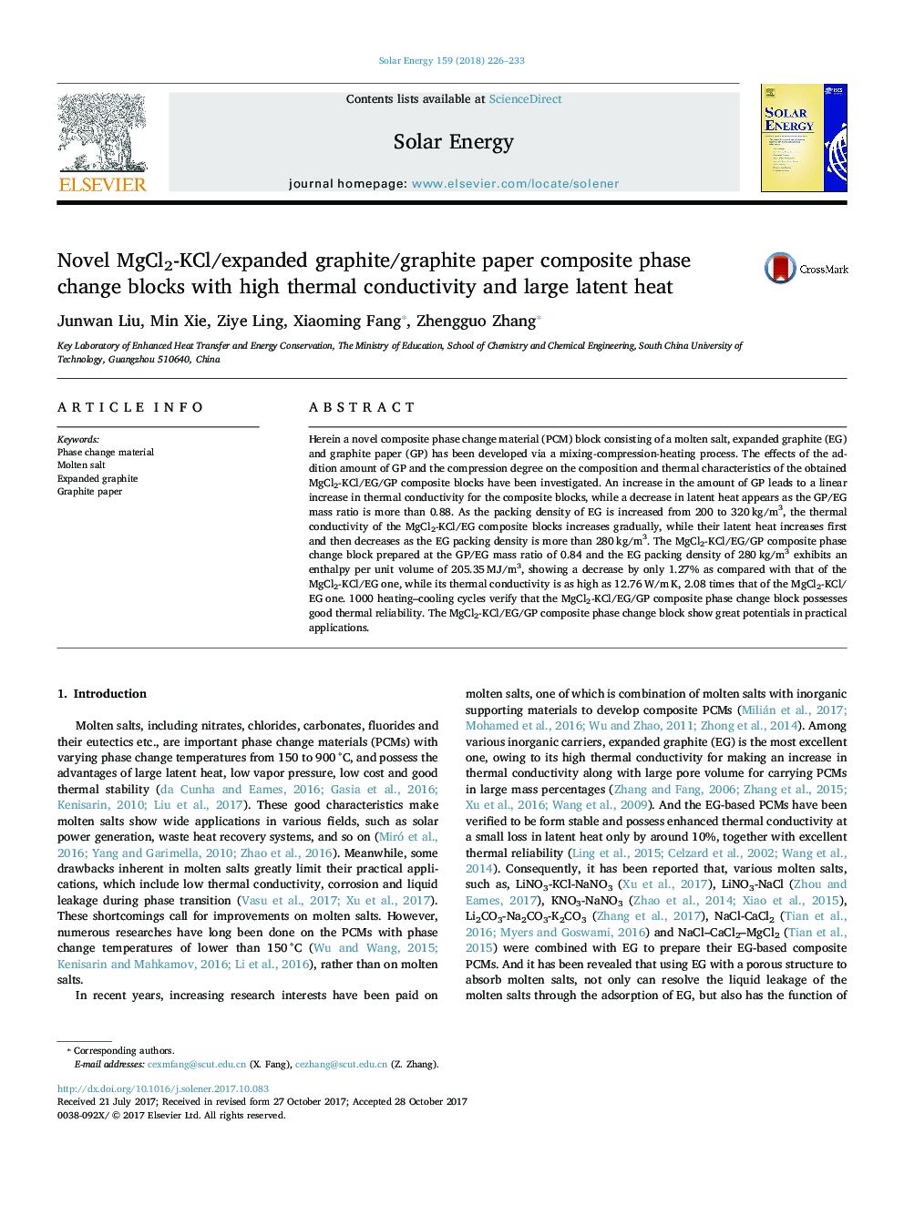 Novel MgCl2-KCl/expanded graphite/graphite paper composite phase change blocks with high thermal conductivity and large latent heat