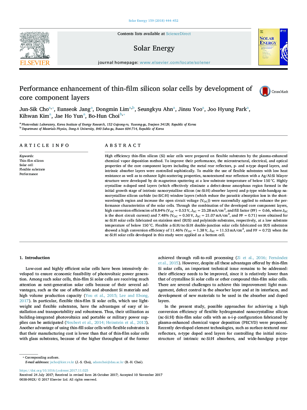 Performance enhancement of thin-film silicon solar cells by development of core component layers