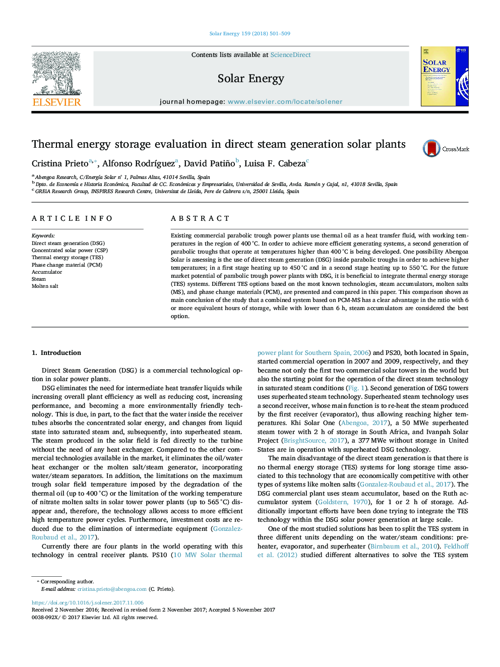 Thermal energy storage evaluation in direct steam generation solar plants