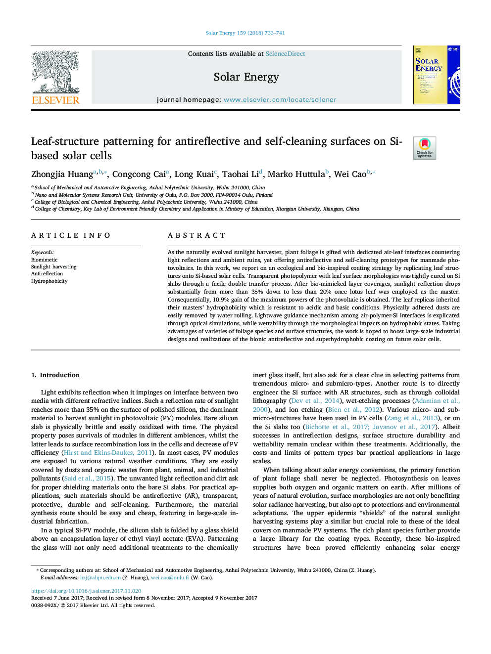 Leaf-structure patterning for antireflective and self-cleaning surfaces on Si-based solar cells