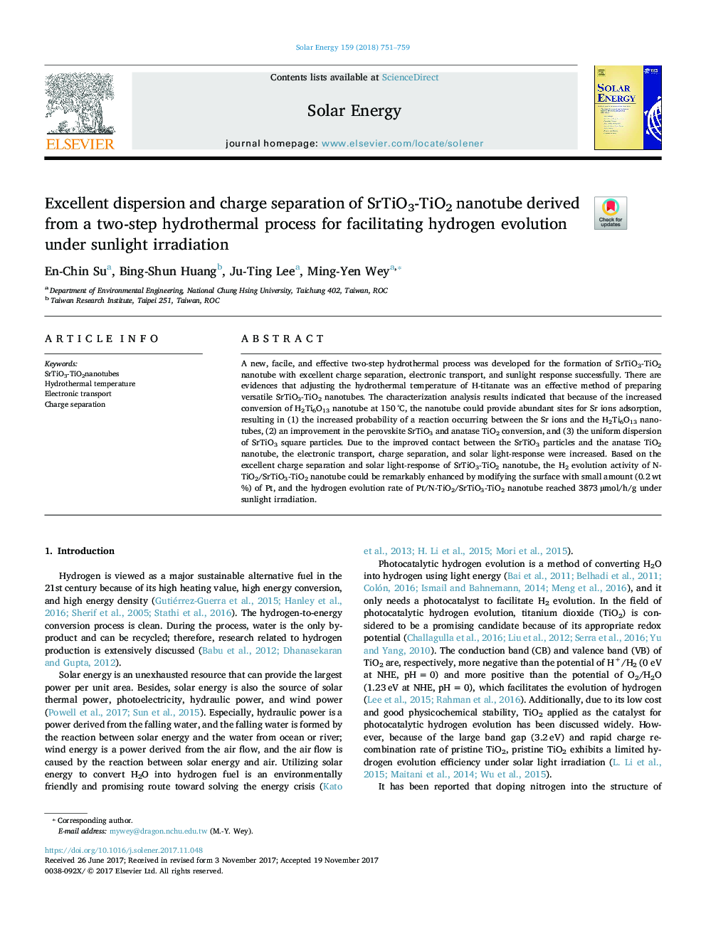 Excellent dispersion and charge separation of SrTiO3-TiO2 nanotube derived from a two-step hydrothermal process for facilitating hydrogen evolution under sunlight irradiation