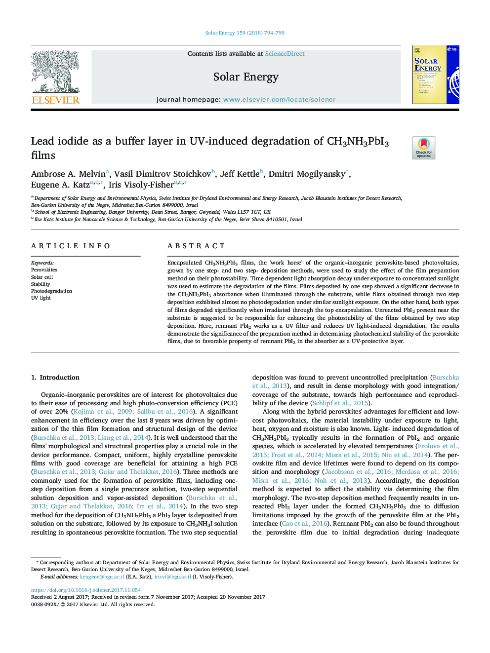 Lead iodide as a buffer layer in UV-induced degradation of CH3NH3PbI3 films