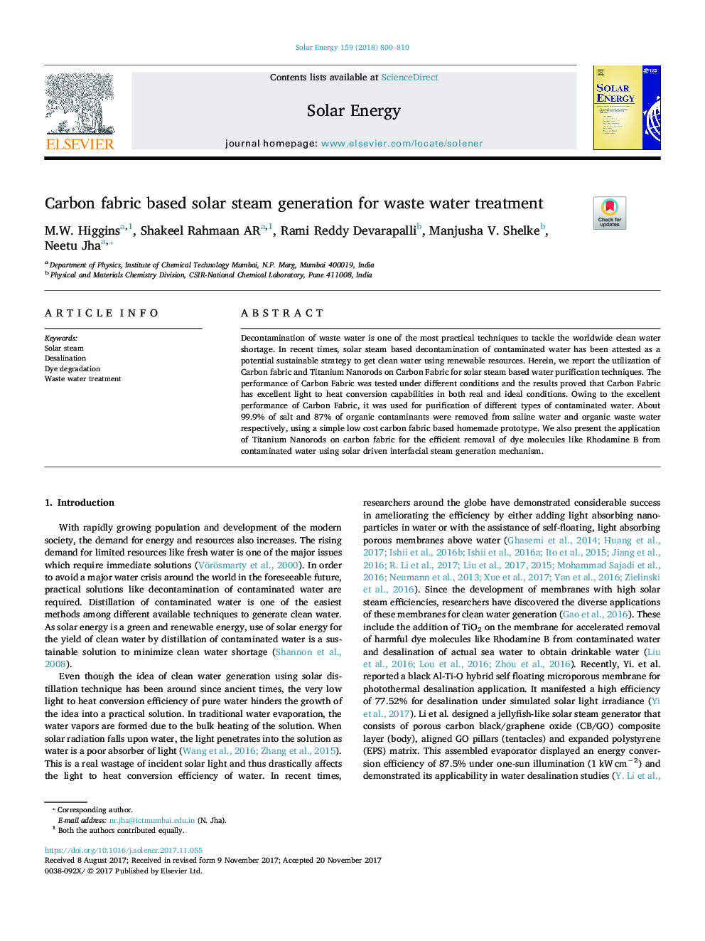 Carbon fabric based solar steam generation for waste water treatment