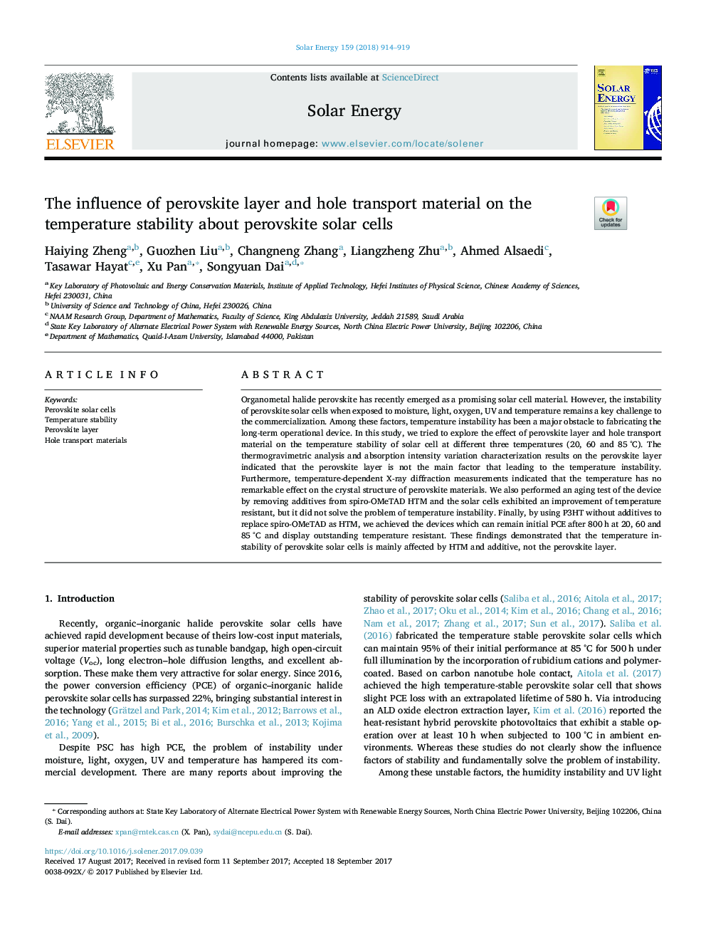 The influence of perovskite layer and hole transport material on the temperature stability about perovskite solar cells