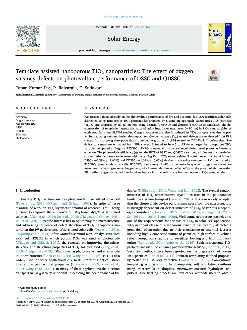 Template assisted nanoporous TiO2 nanoparticles: The effect of oxygen vacancy defects on photovoltaic performance of DSSC and QDSSC