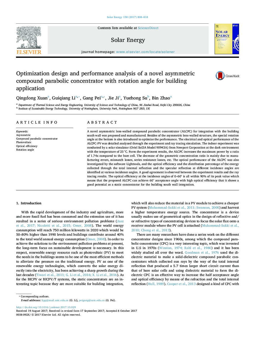 Optimization design and performance analysis of a novel asymmetric compound parabolic concentrator with rotation angle for building application