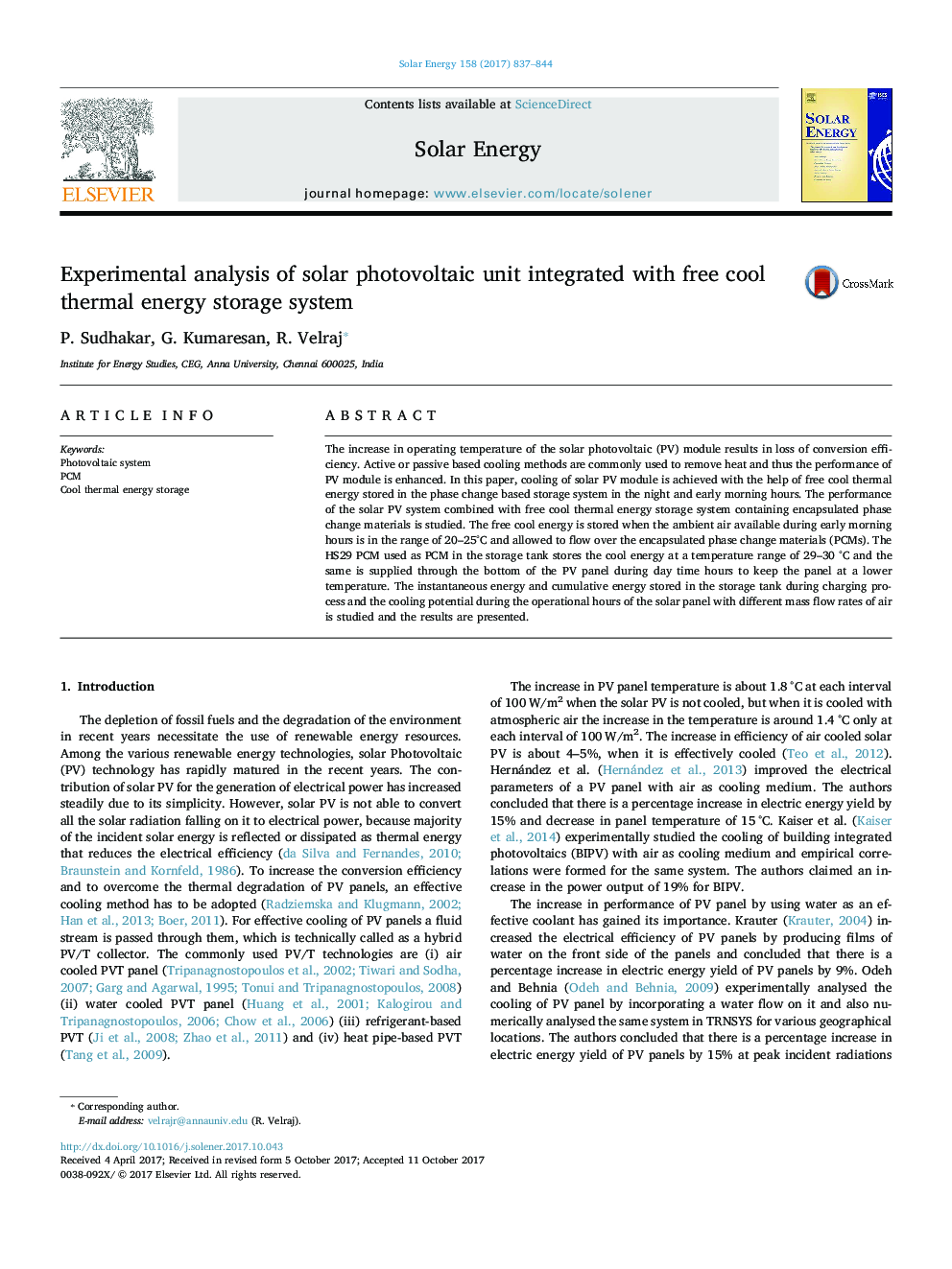 Experimental analysis of solar photovoltaic unit integrated with free cool thermal energy storage system