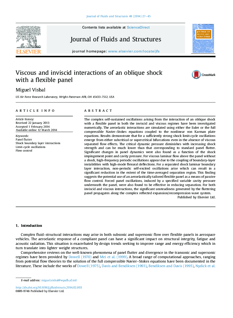 Viscous and inviscid interactions of an oblique shock with a flexible panel