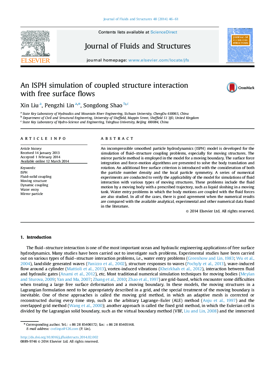 An ISPH simulation of coupled structure interaction with free surface flows