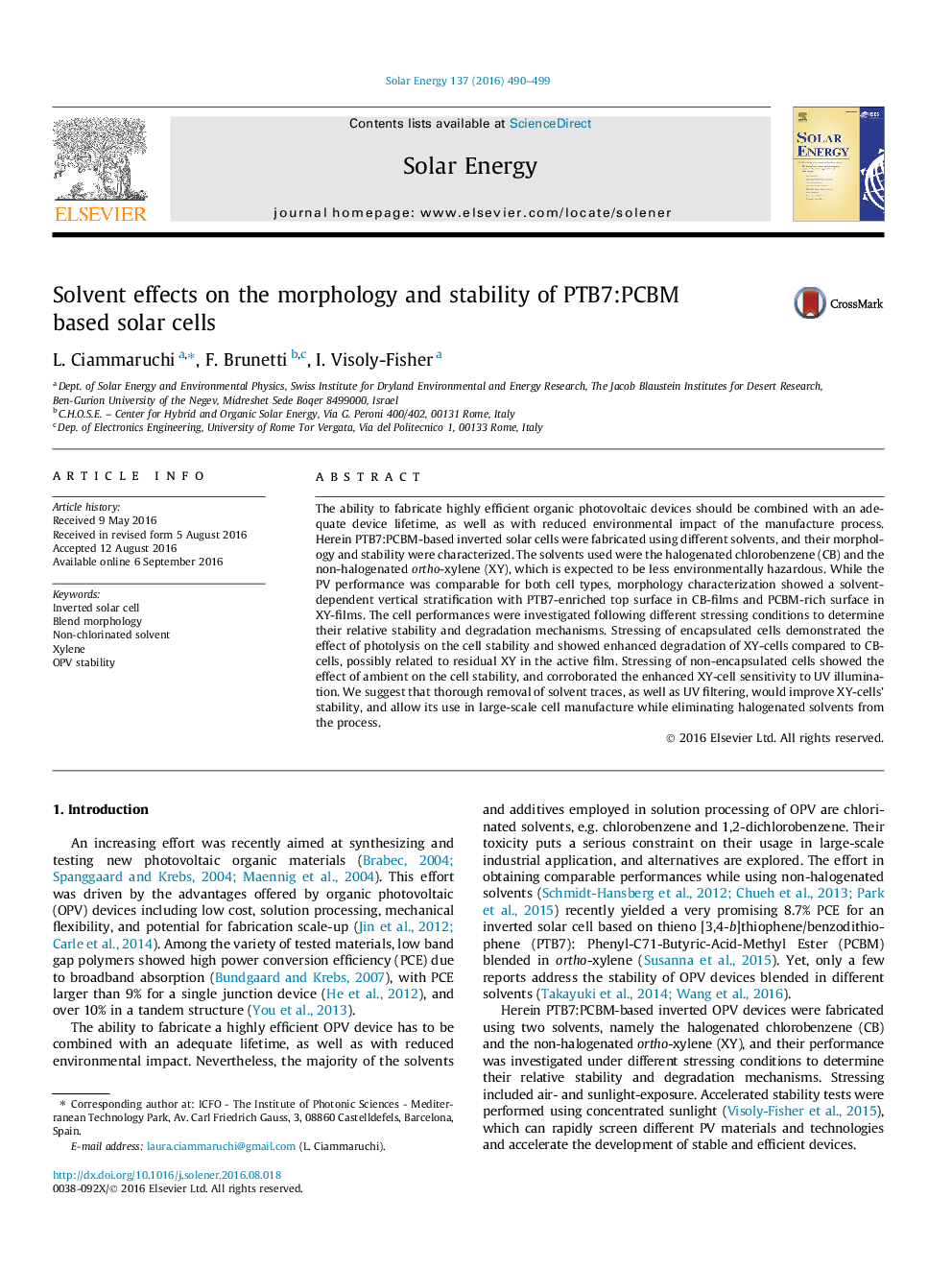 Solvent effects on the morphology and stability of PTB7:PCBM based solar cells