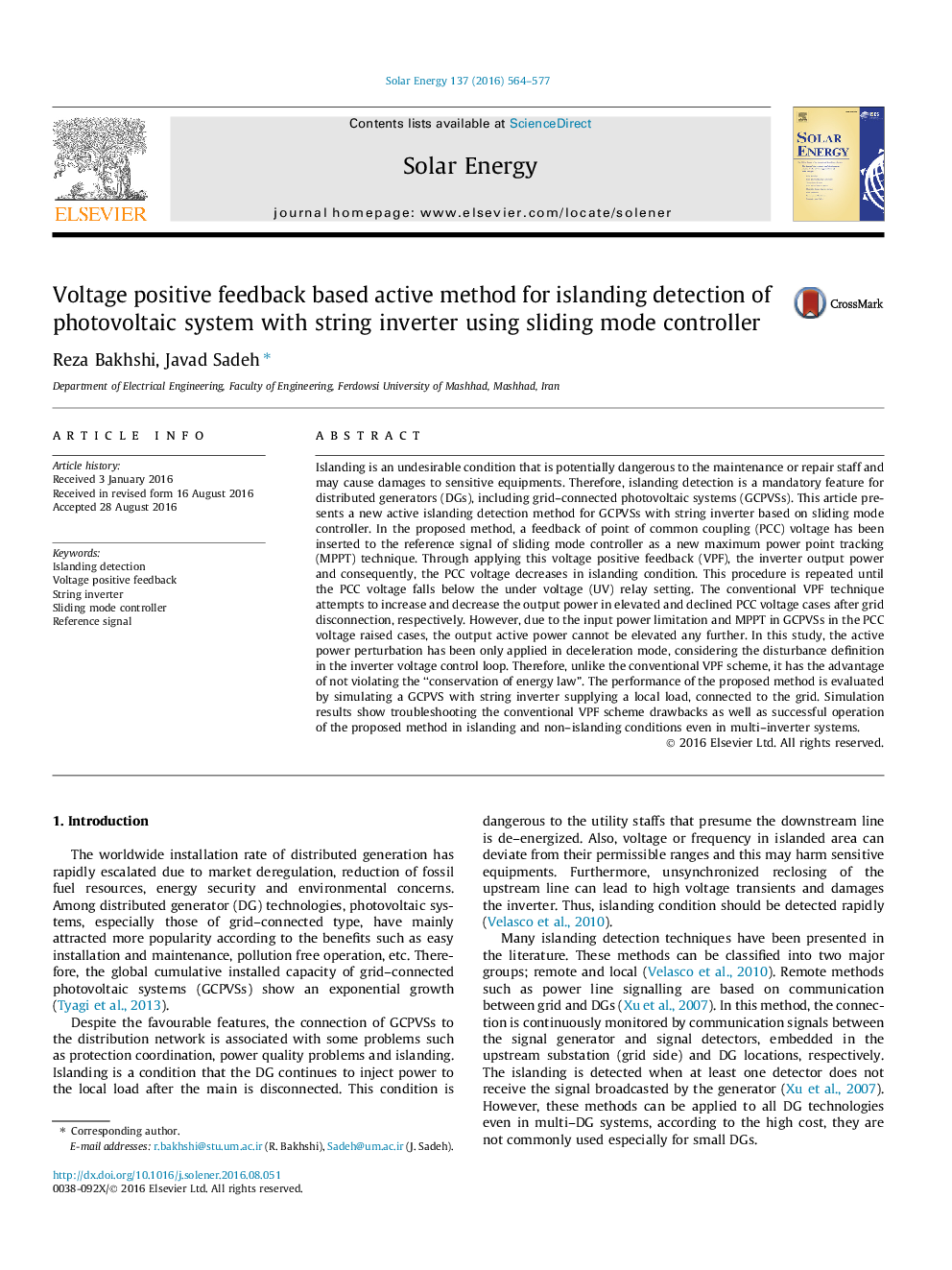 Voltage positive feedback based active method for islanding detection of photovoltaic system with string inverter using sliding mode controller