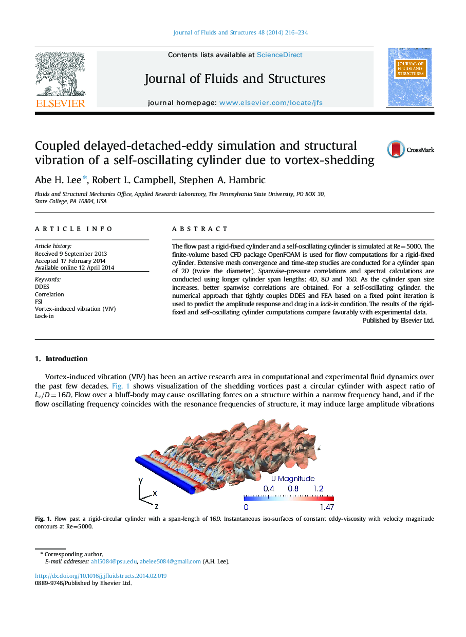 Coupled delayed-detached-eddy simulation and structural vibration of a self-oscillating cylinder due to vortex-shedding