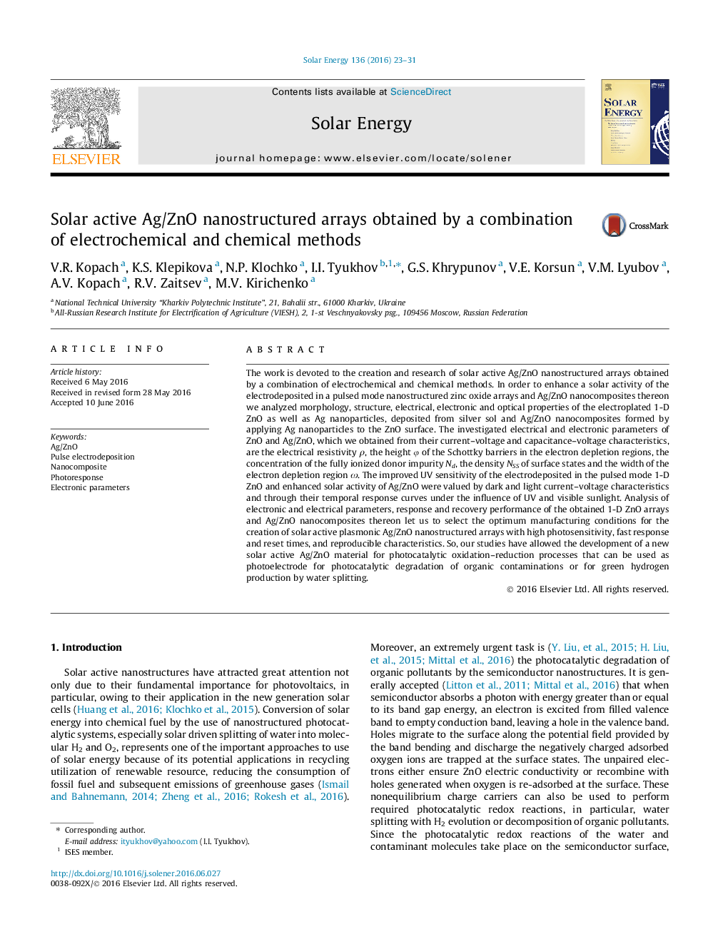 Solar active Ag/ZnO nanostructured arrays obtained by a combination of electrochemical and chemical methods