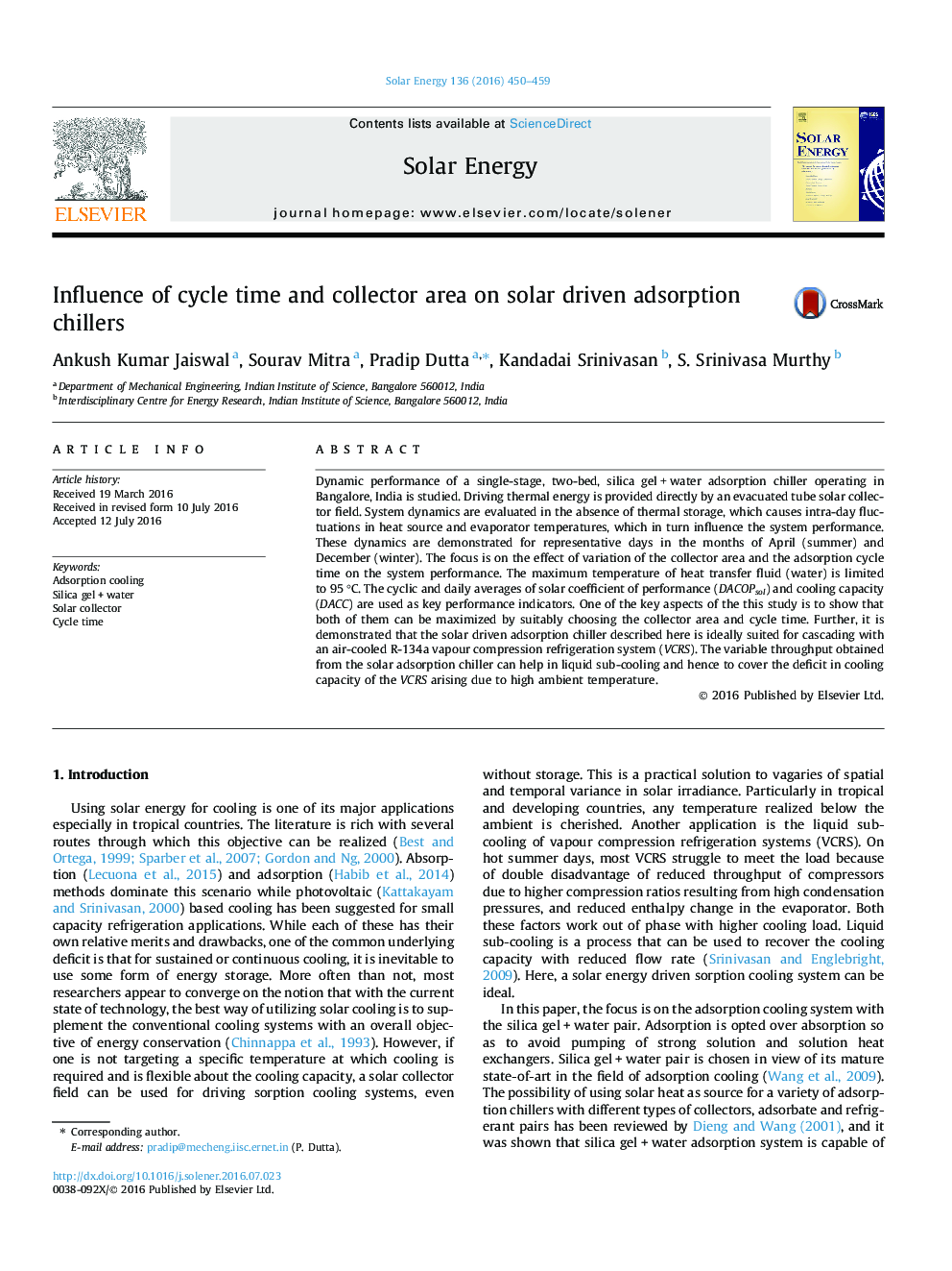 Influence of cycle time and collector area on solar driven adsorption chillers