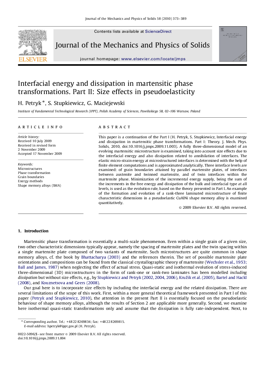 Interfacial energy and dissipation in martensitic phase transformations. Part II: Size effects in pseudoelasticity