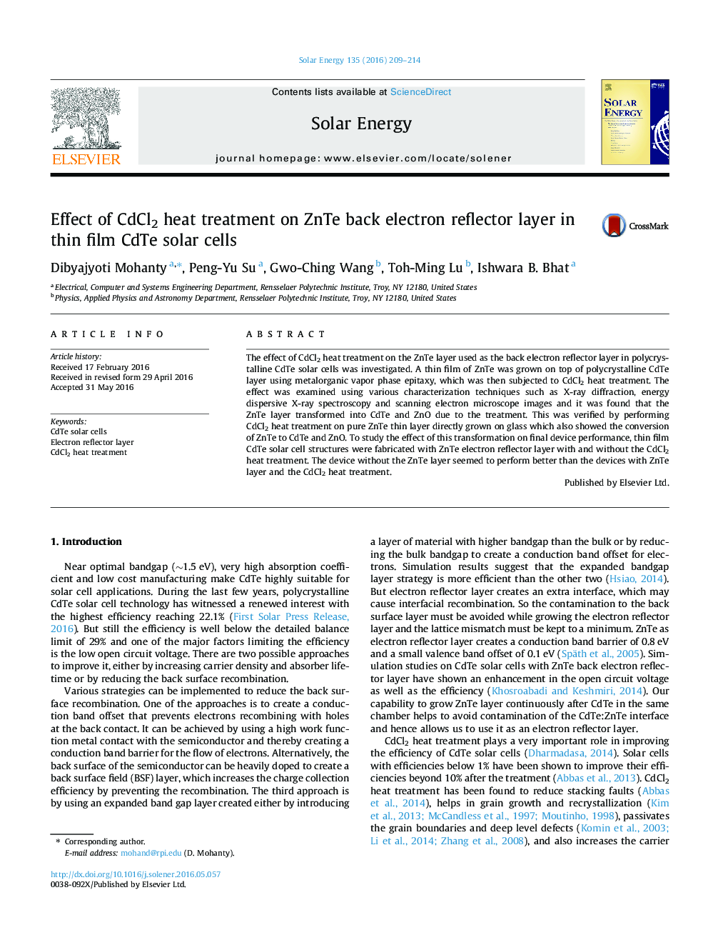 Effect of CdCl2 heat treatment on ZnTe back electron reflector layer in thin film CdTe solar cells