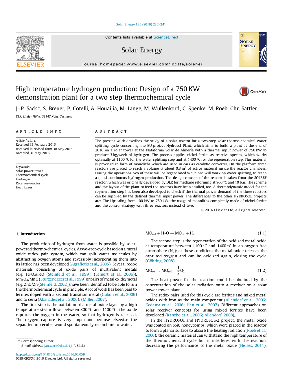 High temperature hydrogen production: Design of a 750Â KW demonstration plant for a two step thermochemical cycle