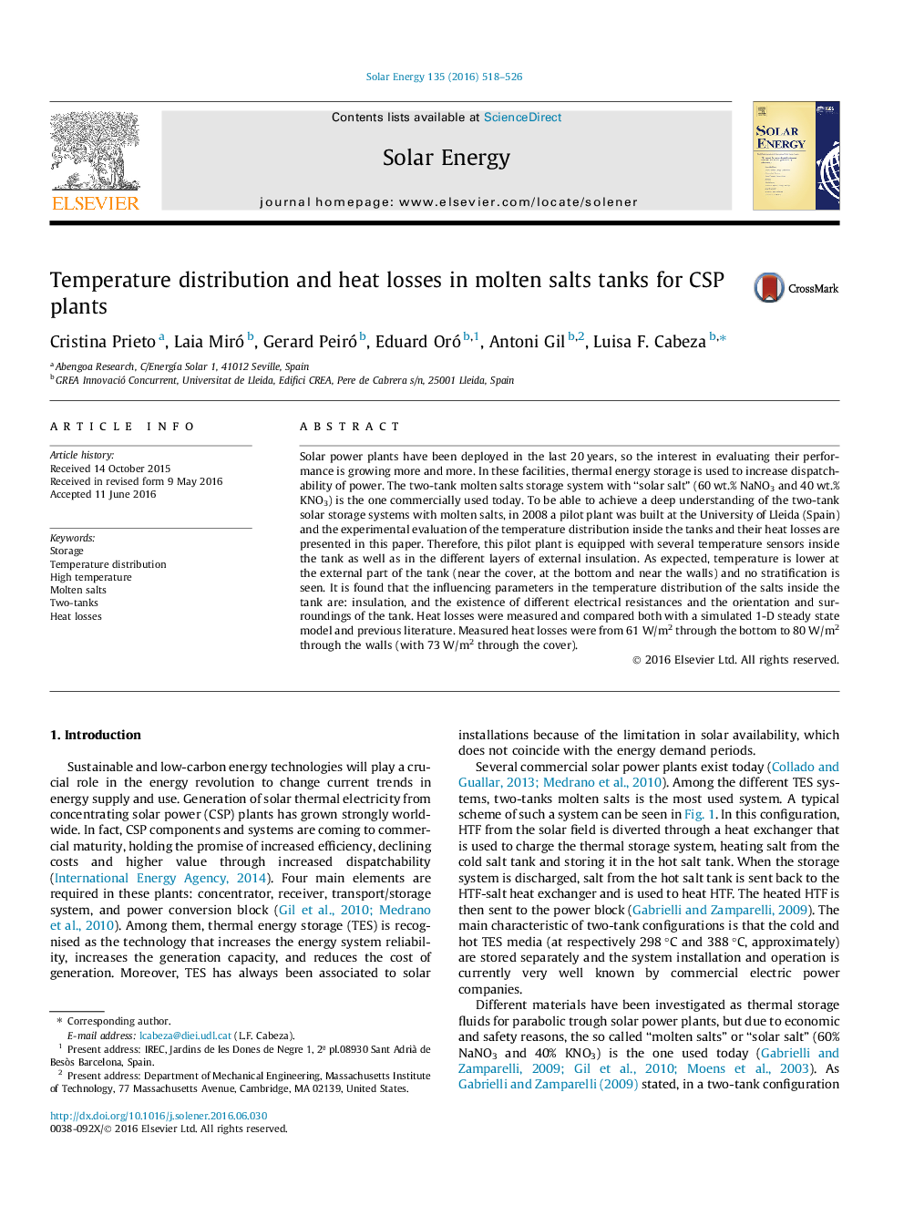 Temperature distribution and heat losses in molten salts tanks for CSP plants