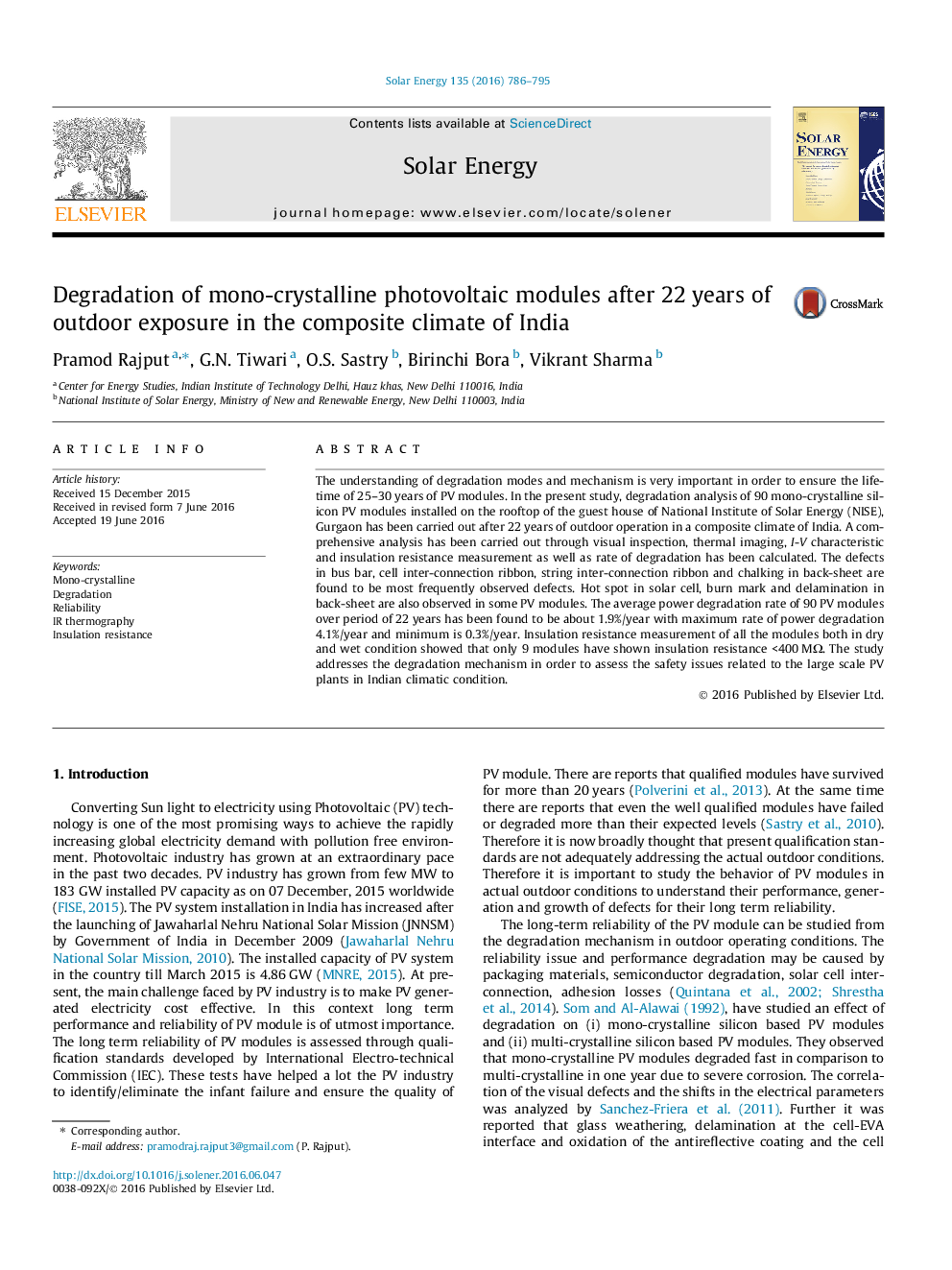 Degradation of mono-crystalline photovoltaic modules after 22Â years of outdoor exposure in the composite climate of India