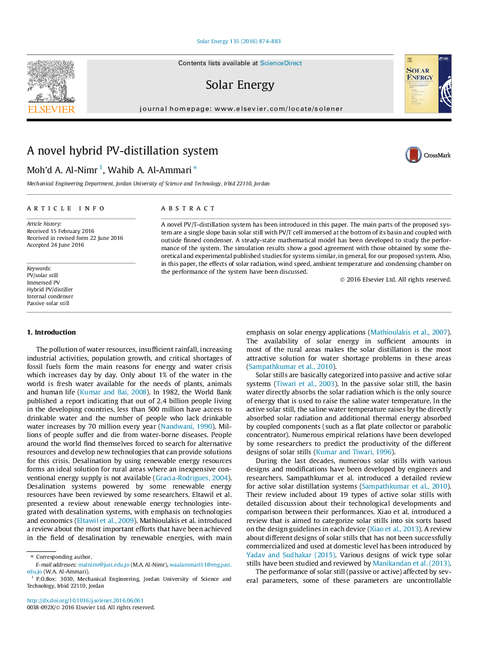 A novel hybrid PV-distillation system