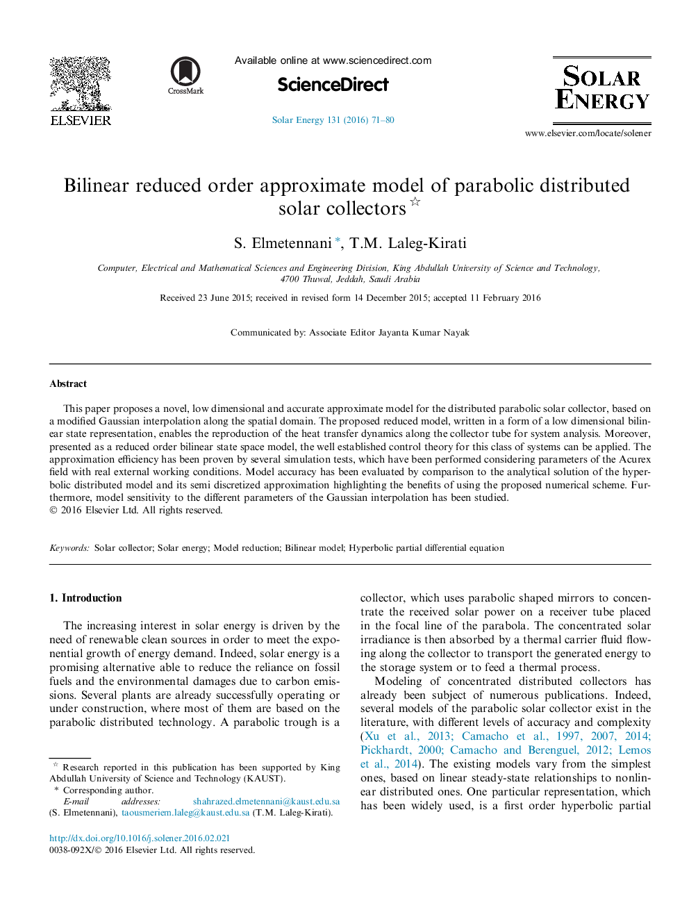 Bilinear reduced order approximate model of parabolic distributed solar collectors