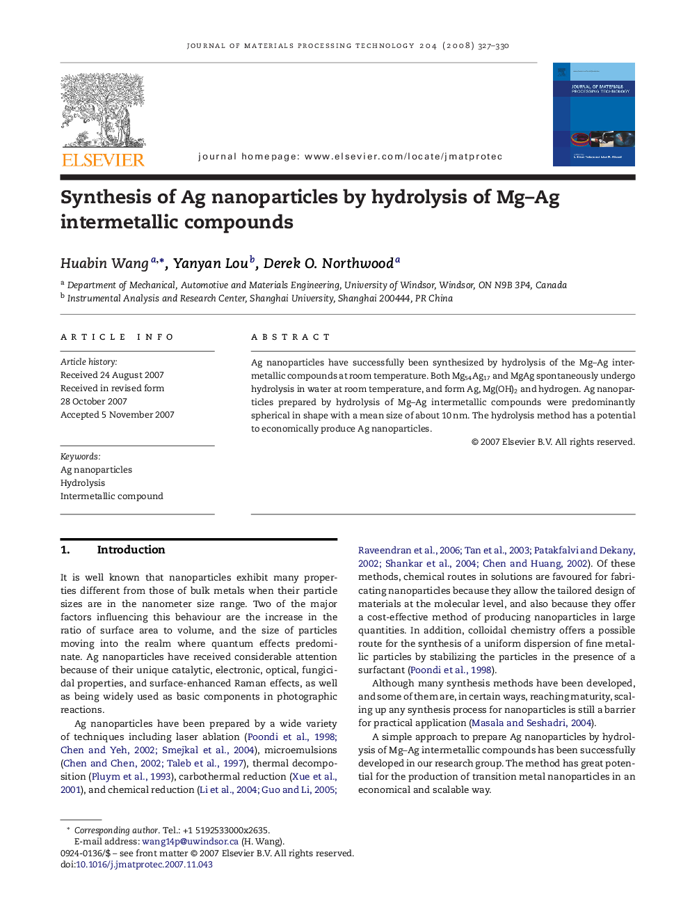 Synthesis of Ag nanoparticles by hydrolysis of Mg–Ag intermetallic compounds