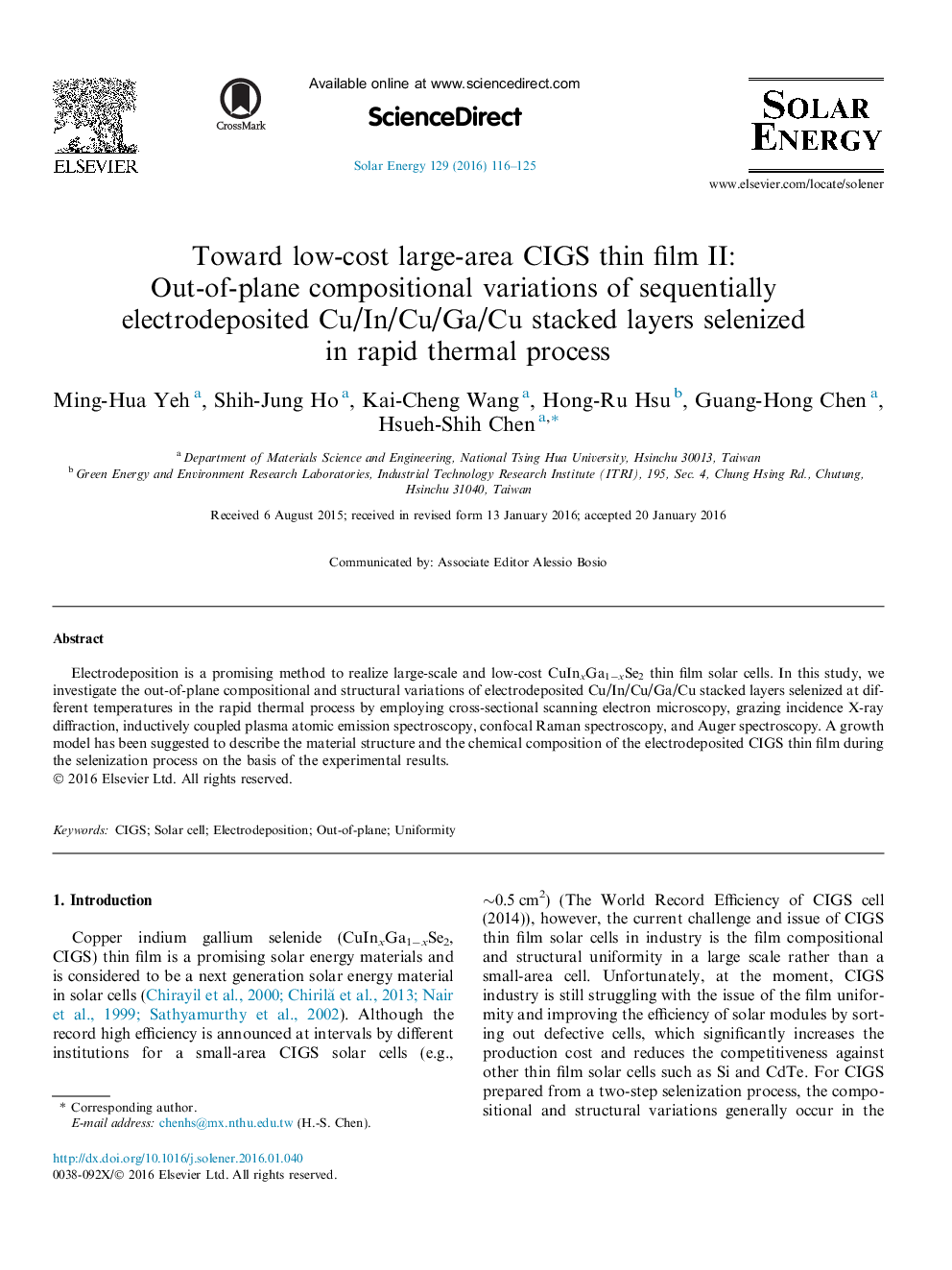 Toward low-cost large-area CIGS thin film II: Out-of-plane compositional variations of sequentially electrodeposited Cu/In/Cu/Ga/Cu stacked layers selenized in rapid thermal process