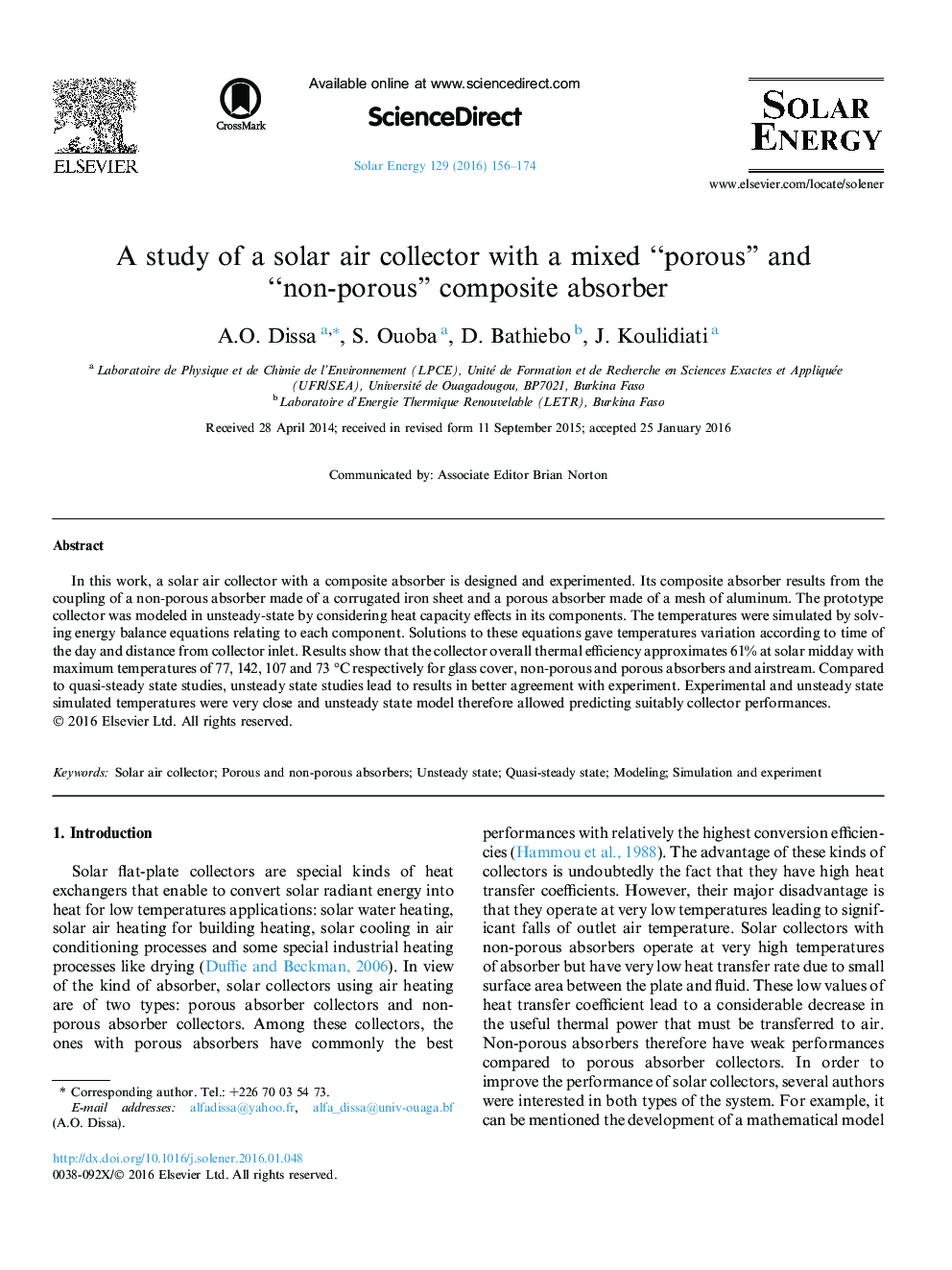 A study of a solar air collector with a mixed “porous” and “non-porous” composite absorber