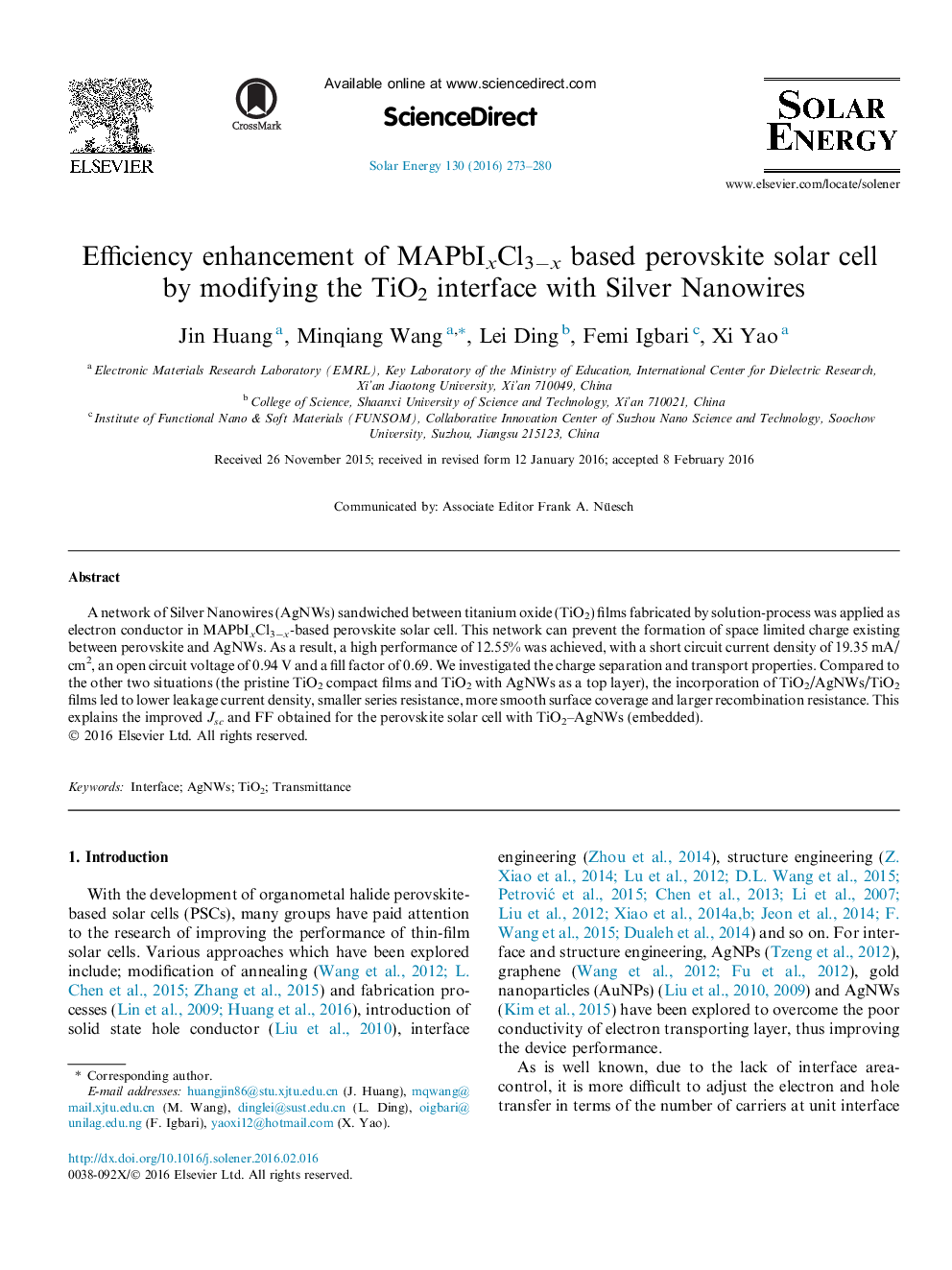 Efficiency enhancement of MAPbIxCl3âx based perovskite solar cell by modifying the TiO2 interface with Silver Nanowires