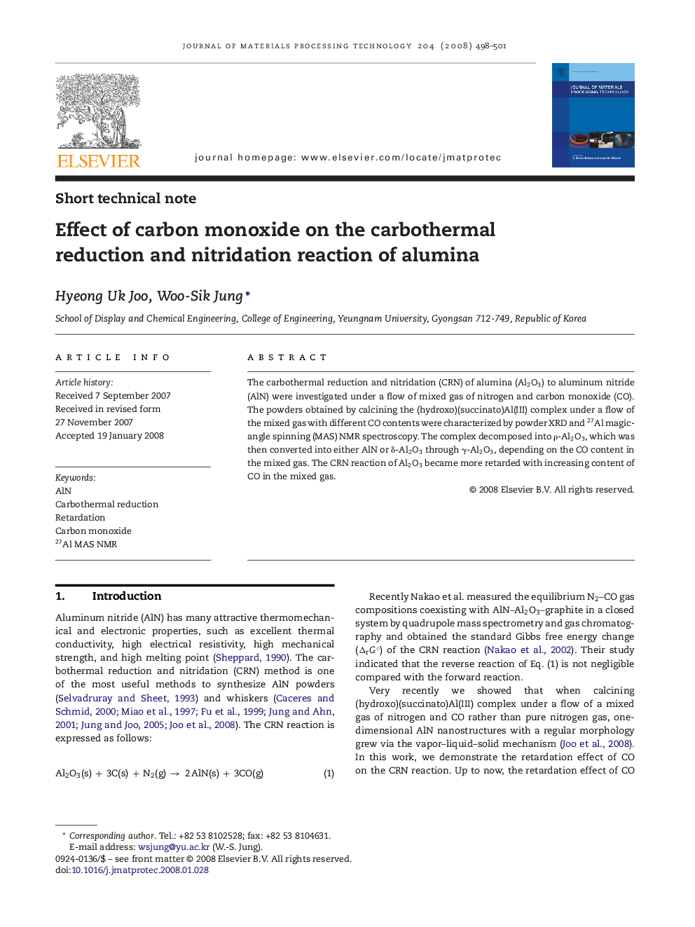 Effect of carbon monoxide on the carbothermal reduction and nitridation reaction of alumina