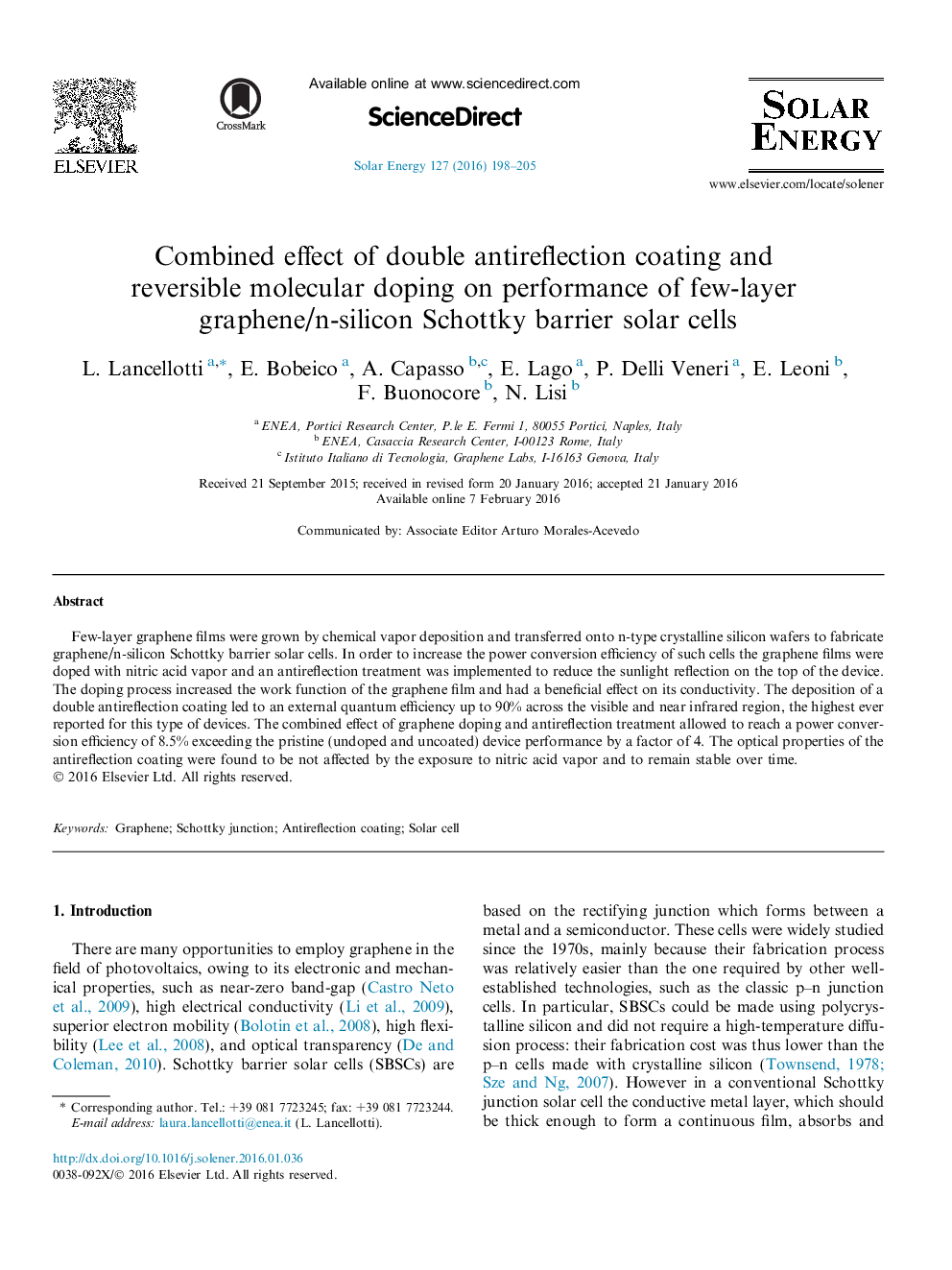 Combined effect of double antireflection coating and reversible molecular doping on performance of few-layer graphene/n-silicon Schottky barrier solar cells