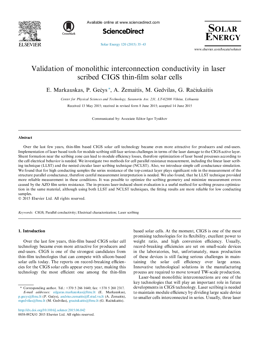 Validation of monolithic interconnection conductivity in laser scribed CIGS thin-film solar cells