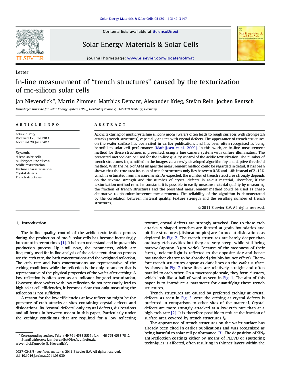 In-line measurement of “trench structures” caused by the texturization of mc-silicon solar cells