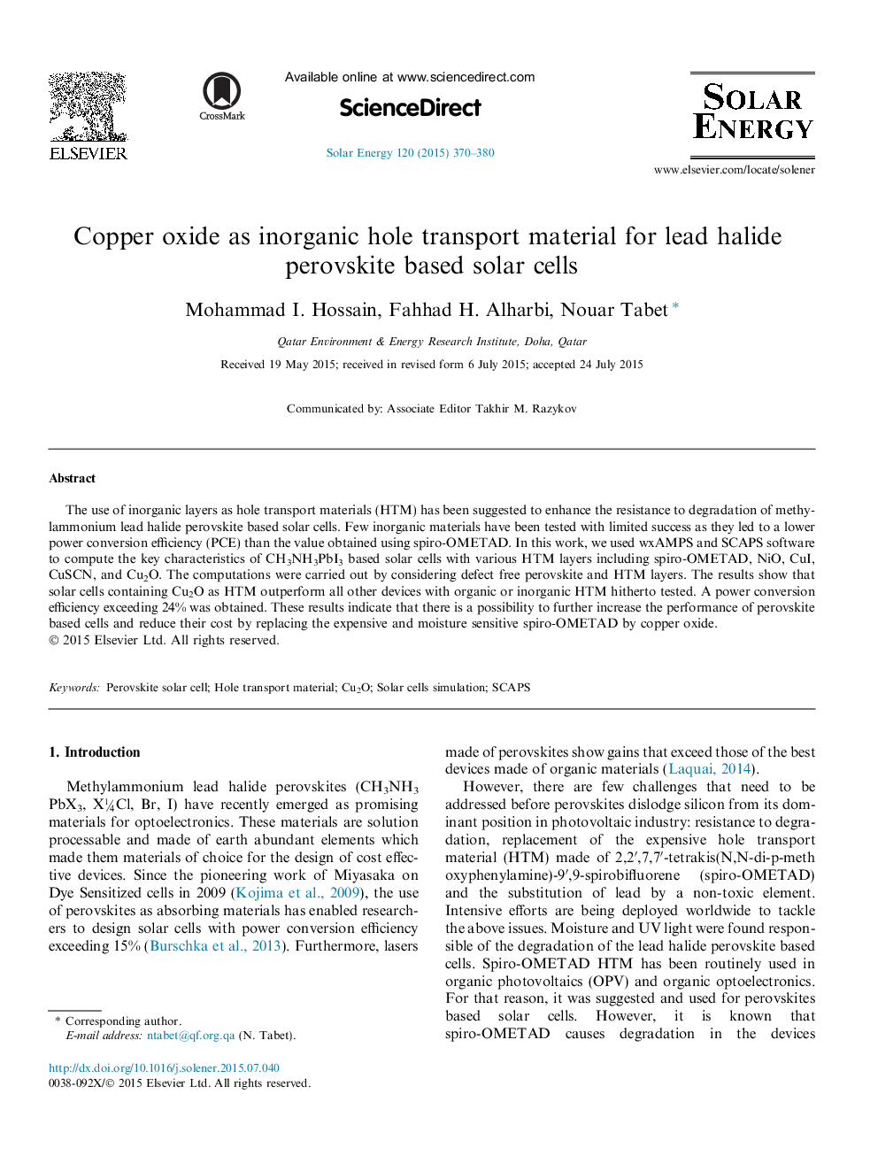 Copper oxide as inorganic hole transport material for lead halide perovskite based solar cells