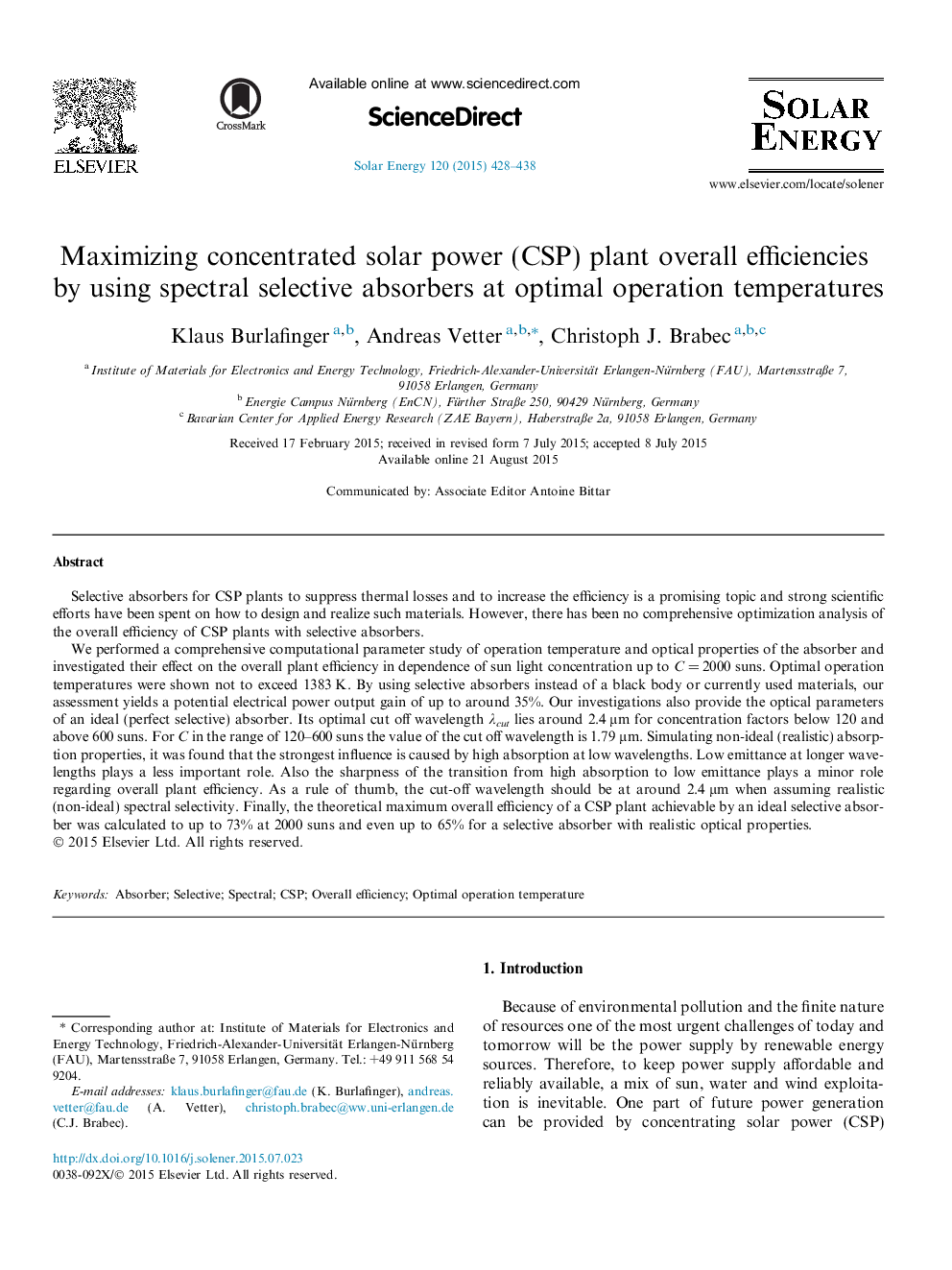 Maximizing concentrated solar power (CSP) plant overall efficiencies by using spectral selective absorbers at optimal operation temperatures