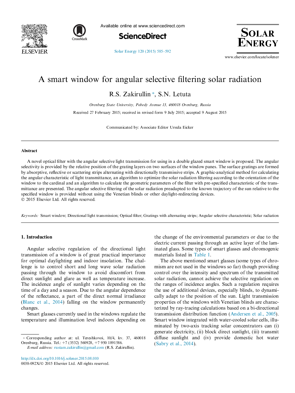 A smart window for angular selective filtering solar radiation